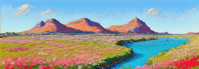 Stunning Desert Oasis with Pink Flower Fields and Azure River