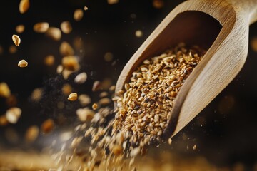 Freshly harvested seeds spill from a wooden scoop, highlighting the rich texture and natural colors of the grains in a rustic setting
