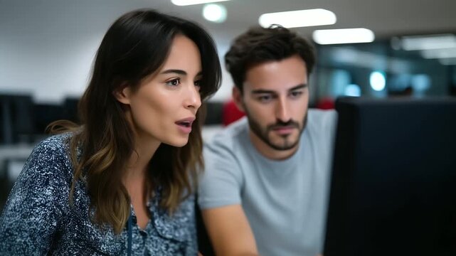 oung man and woman software engineers working together at workstation, collaborative programming concept software engineers, workstation collaboration, coding 