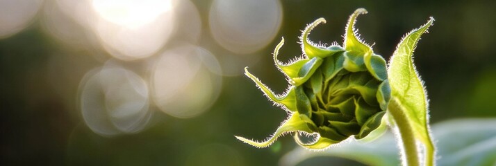 Close-up view of a sunflower bud preparing to bloom surrounded by soft background light in a vibrant garden setting during early morning