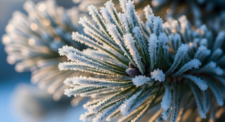 Close up of pine needles covered in frost with a blurred background on a cold winter day outdoors