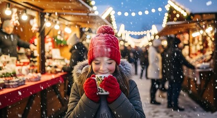 Obraz premium A young person enjoys a warm drink at a festive winter market during snowfall.