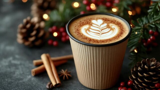 Festive holiday coffee with cinnamon and pinecones. Merry Christmas. Happy New Year