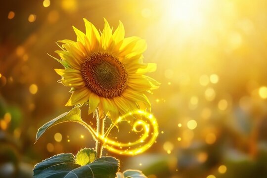 Sunflower glowing in the warm sunlight surrounded by soft bokeh effect in a vibrant field during golden hour