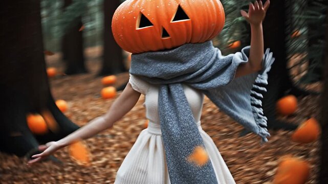 A girl with a pumpkin on her head dances in the forest. Autumn evening. A large Halloween pumpkin with an evil carved face. A woman in a dress, with a long scarf and a pumpkin on her head