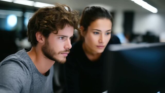 Young man, woman, software engineers, working together, workstation, collaborative programming, coding teamwork, IT developers, programming partners, modern office