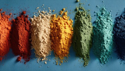 Colorful powder piles arranged in a row on a vibrant blue surface.  