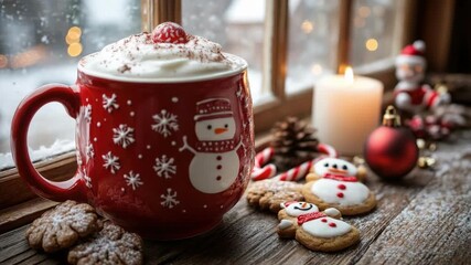 Festive holiday mug with hot cocoa and snowman cookies by candlelight. Merry Christmas. Happy New Year - Powered by Adobe