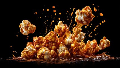 Caramel corn explosion on a dark background