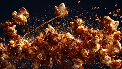 Caramel popcorn explosion against a dark background.  