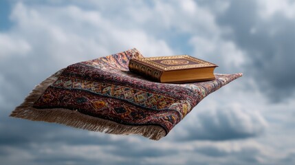 Photo of a flying carpet with an old book on it, against a background of a sky with white clouds, a magical and mysterious journey.
