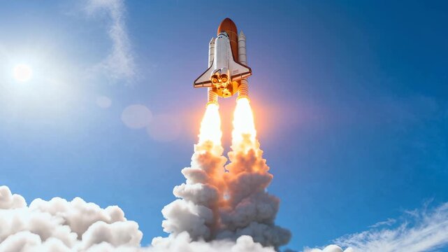 Space shuttle launching with powerful rocket boosters and smoke trail against clear blue sky during daytime.