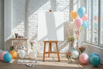 Blank canvas easel, party decorations, art studio