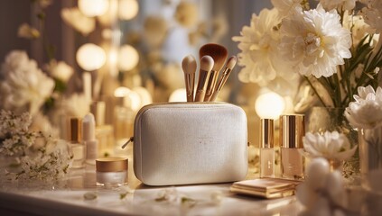 Cosmetic vanity with makeup brushes and accessories.  Soft lighting,  white flowers and a shimmery case
