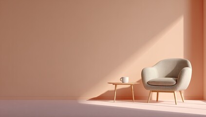 Muted peach room, armchair, coffee table