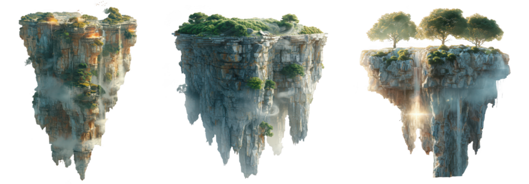 Collection of three surreal floating islands with lush vegetation and waterfalls, isolated on transparent background