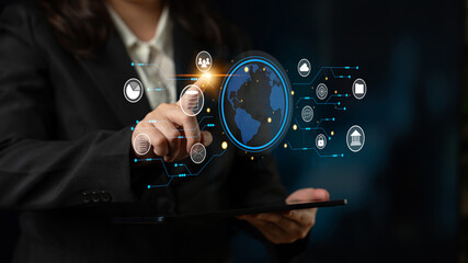 A global business network and digital infrastructure concept. A worldwide connection of services including data, finance, and secure communication. Motif