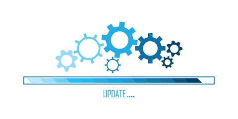 Update progress bar and gear icons, representing software installation, system maintenance, or technological advancement on a teal background.