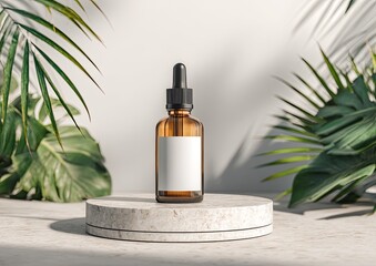 Amber dropper bottle on a round marble pedestal surrounded by tropical foliage