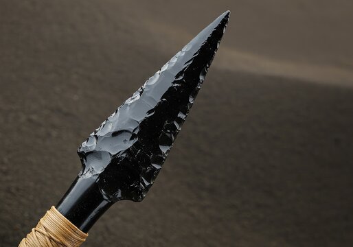 Obsidian Arrowhead Point with Wooden Shaft Ancient Artifact