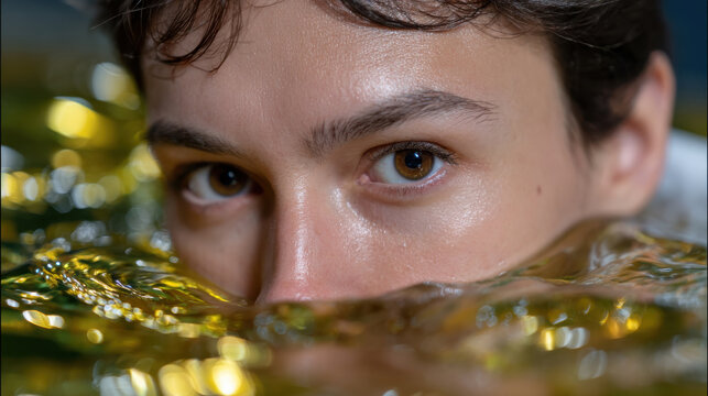 A striking close-up of a woman peering just above the waterline, showcasing her captivating gaze and the shimmering reflections around her, evoking feelings of mystery and beauty.