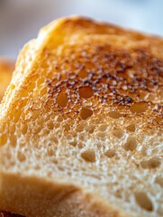 Golden brown toasted bread slice with a crispy texture and perfect air pockets capturing morning sunlight in a cozy kitchen setting
