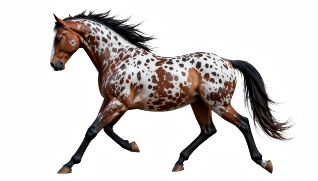 Majestic spotted horse, full body, trotting, isolated on transparent background