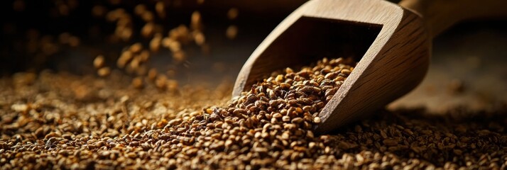 Pouring grains from a wooden scoop on a rustic surface during a warm, kitchen setting
