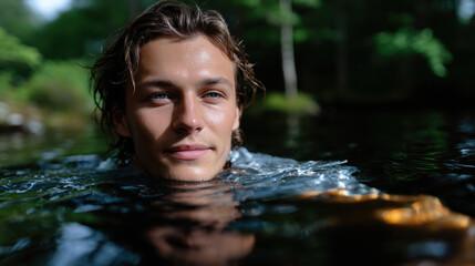 Fototapeta premium A young man enjoys swimming in a serene pond, his calm demeanor and joyful expression showcasing a deep connection with nature, evoking feelings of freedom and youth.