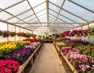Colorful Greenhouse Interior with Abundant Hanging Plants