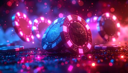 Casino Chips in Neon Lights - A High-Stakes Gambling Scene.