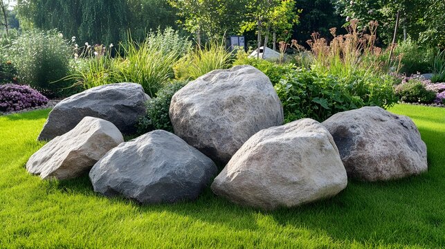 Aesthetic garden landscaping with natural stones on the vibrant green grass, outdoor design idea
