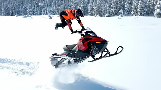 An individual rides a snowmobile across a snowy landscape, maneuvering the snowmobile over white snow. The snowmobile and the inviting landscape offer a thrilling experience.