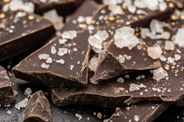 Decadent dark chocolate pieces sprinkled with coarse sea salt on a black background