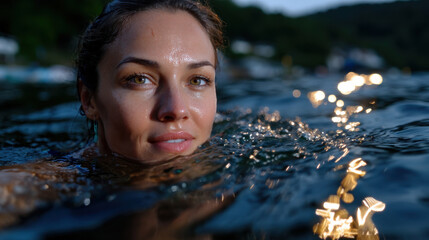 Fototapeta premium This enchanting close-up captures a woman with sparkling water droplets glistening on her skin, evoking feelings of freshness, playfulness, and connection with nature.