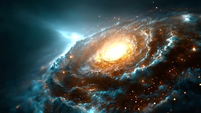A vibrant spiral galaxy showcases its bright core surrounded by swirling cosmic clouds in a dark night sky, under gentle cosmic light, highlighting radiant center and ethereal moti