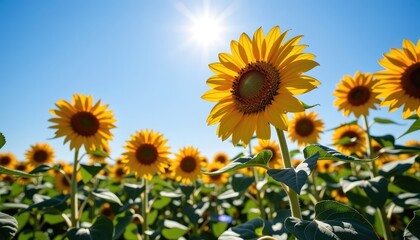 Obraz premium Vibrant yellow sunflowers in full bloom, stretching towards the sun in a vast field. Golden petals against a clear blue sky, summer, flora, nature