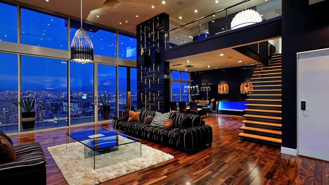 Modern penthouse living room, city night view, luxury interior design, hardwood floors
