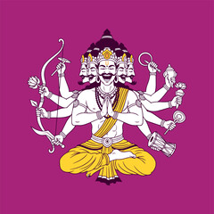 Stylized illustration of the ten-headed Hindu demon king Ravana sitting in a meditation pose (Padmasana) with multiple arms holding various weapons on a purple background.