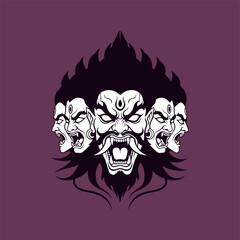 A fierce vector illustration showing five of Ravana's ten heads with terrifying, screaming expressions and dark, fiery hair on a muted purple background.