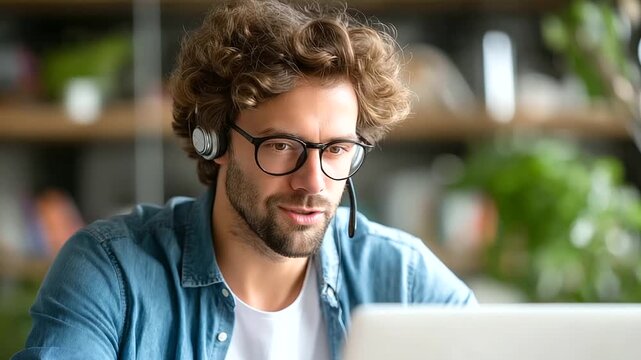 A young man in a home office, using a laptop and headset for virtual team brainstorming, remote work brainstorming session, digital nomad workspace, virtual collaboration male, hom