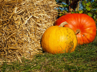 Hay Bale on the Left and Two Pumpkins on the Right — Dark Orange and Yellow-Orange Autumn Decoration