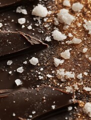 Delicious dark chocolate with sea salt flakes on a rich brown background