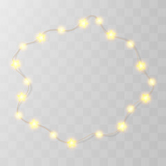 Light string Xmas frame, fairy star bulb garland. Merry chirstmas glitter wreath png, festoon ball vector decor. Christmas 3d warm shine isolated, noel lamp line element, gold bokeh wedding decoration