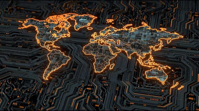 A digital representation of a world map illuminated in orange on a circuit board background, showcasing a blend of technology and geography.