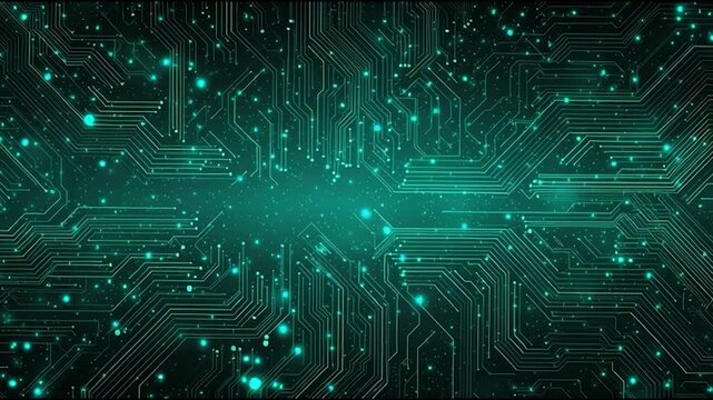 An intricate digital circuit board design glowing in teal, showcasing a futuristic technology theme with lines and particles.