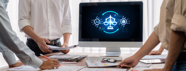 AI ethics responsibility standard law and rules on computer screen provide report of AI ethic...