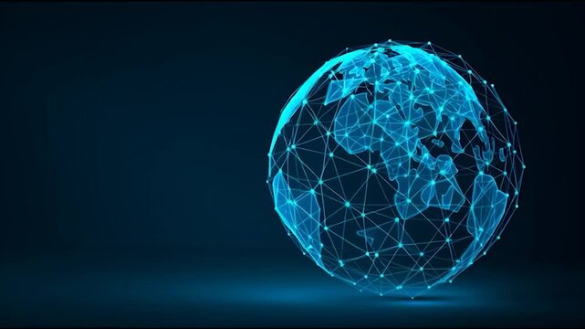 A futuristic depiction of a globe composed of interconnected lines and nodes, symbolizing global connectivity and technology.
