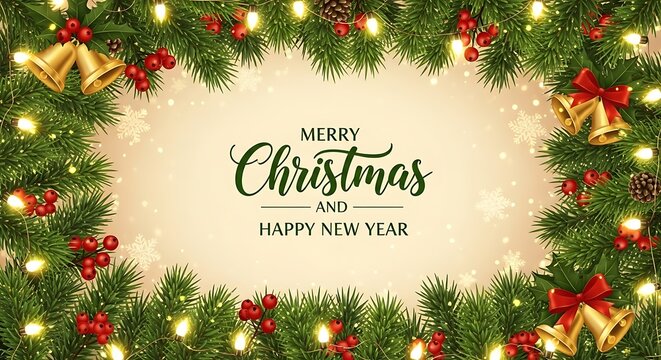 Merry christmas and happy new year greeting card with fir tree frame - Powered by Adobe