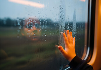 Child’s Hand Pressed Against Train Window, Rain Outside